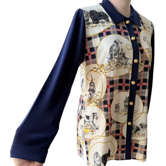 Rare VTG Whimsy Novelty Dog Print Plaid Teacher Button Up Blouse Equestrian S/M - Picture 5 of 13